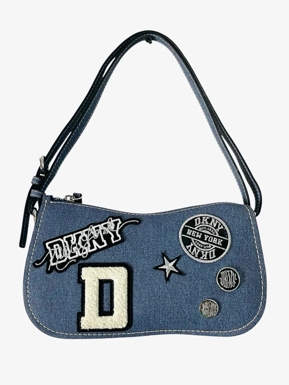 DKNY Denim Y2K Small Shoulder Bag w/ Varsity Logo Patch Like New